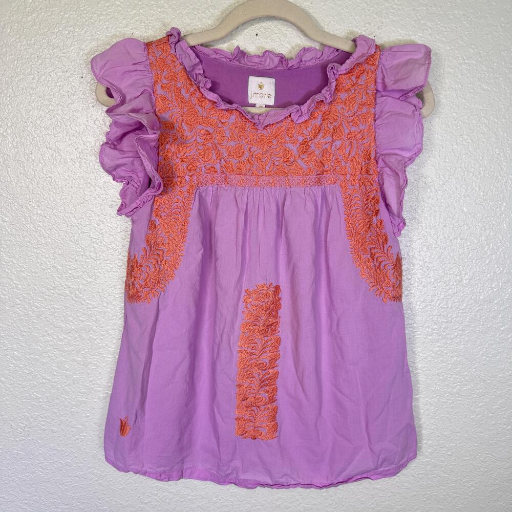 J Marie Top Womens XS Embroidered Floral Rayon Lined Ruffle Cap Sleeve Boho